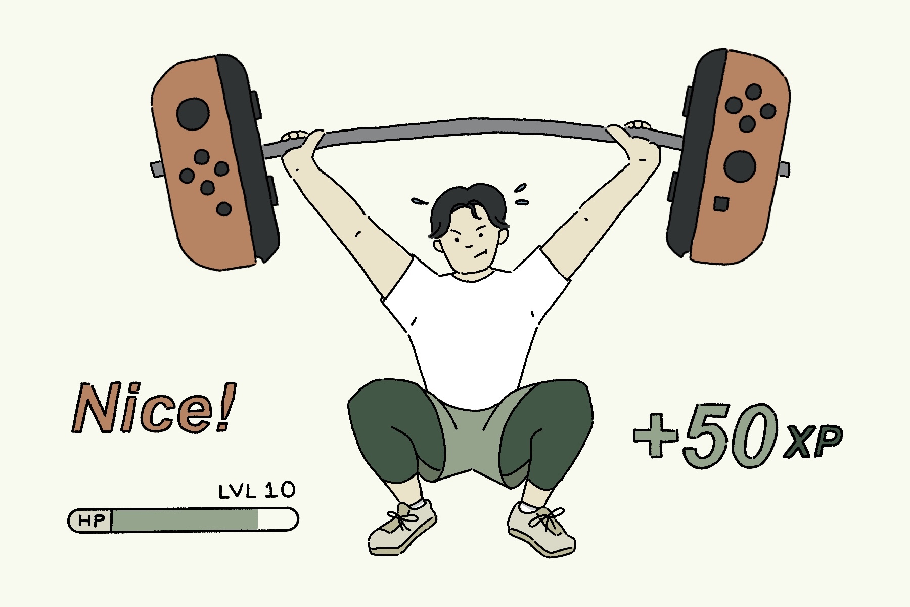 An illustration of a man lifting a weight made of game controllers, surrounded by video game elements.